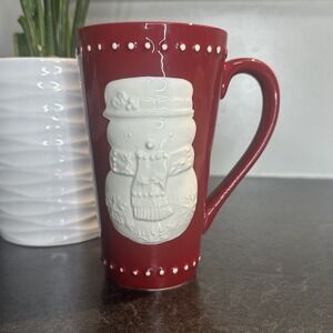 Hallmark Tall Ceramic Red Coffee Mug 3D White Snowman Winter Christmas Tea Cup
